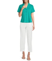 Investments Petite Size Knit Short Sleeve Button Front Notch Collar Camp Top