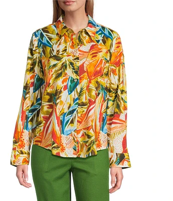 Investments Petite Size Linen Blend Woven Palm Beach Multi Long Sleeve Point Collar Button Front Top