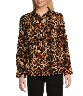 Investments Petite Size Lovely Leopard Print Woven Long Sleeve Button Front Point Collar Top