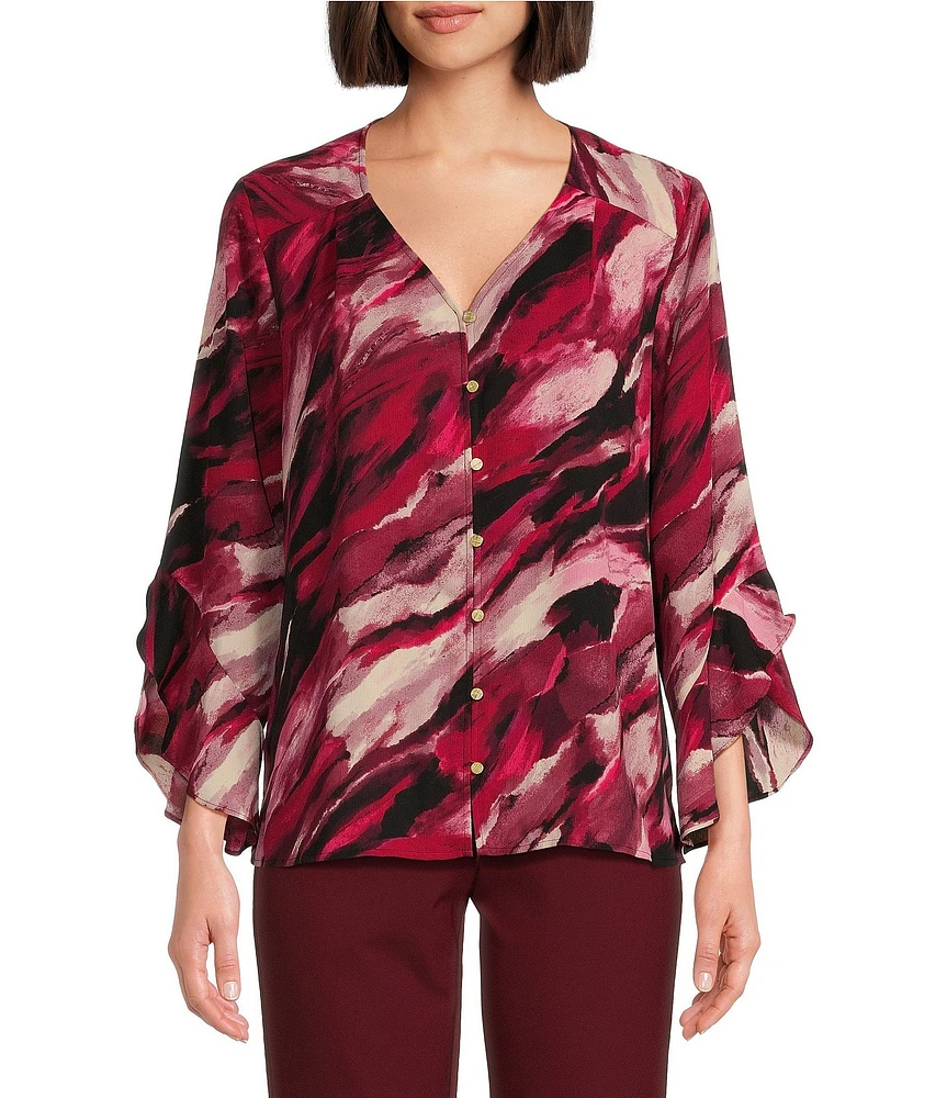 Investments Petite Size Marbled Beet Abstract Print Woven Faux Button Front V-Neck 3/4 Flare Ruffle Sleeve Top