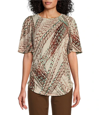 Investments Petite Size Abstract Neutral Feather Print Crew Neck Flare Short Sleeve Ruched Top