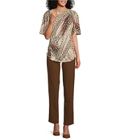 Investments Petite Size Abstract Neutral Feather Print Crew Neck Flare Short Sleeve Ruched Top