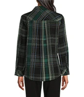 Investments Petite Size Plaid Stitch Print Woven Long Sleeve Button Front Point Collar Top