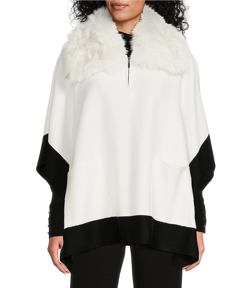 Investments Petite Size Removable Faux Fur Zip Point Collar Elbow Sleeve Border Sweater Poncho