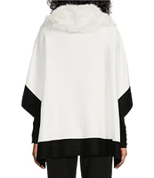 Investments Petite Size Removable Faux Fur Zip Point Collar Elbow Sleeve Border Sweater Poncho