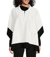 Investments Petite Size Removable Faux Fur Zip Point Collar Elbow Sleeve Border Sweater Poncho