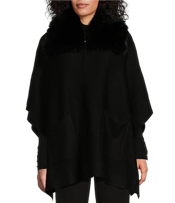 Investments Petite Size Removable Faux Fur Zip Point Collar Elbow Sleeve Sweater Poncho