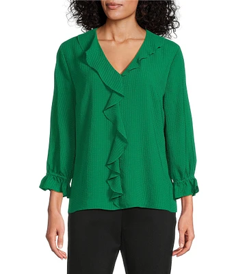 Investments Petite Size Riley Woven Cascading Ruffle V-Neck 3/4 Sleeve Top