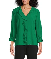 Investments Petite Size Riley Woven Cascading Ruffle V-Neck 3/4 Sleeve Top