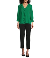 Investments Petite Size Riley Woven Cascading Ruffle V-Neck 3/4 Sleeve Top