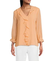 Investments Petite Size Riley Woven Cascading Ruffle V-Neck 3/4 Sleeve Top
