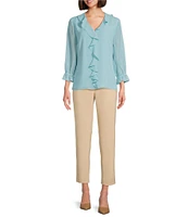 Investments Petite Size Riley Woven Cascading Ruffle V-Neck 3/4 Sleeve Top