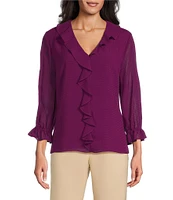 Investments Petite Size Riley Woven Cascading Ruffle V-Neck 3/4 Sleeve Top