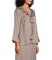 Investments Petite Size Riley Woven Cascading Ruffle Y-Neck Long Sleeve Top