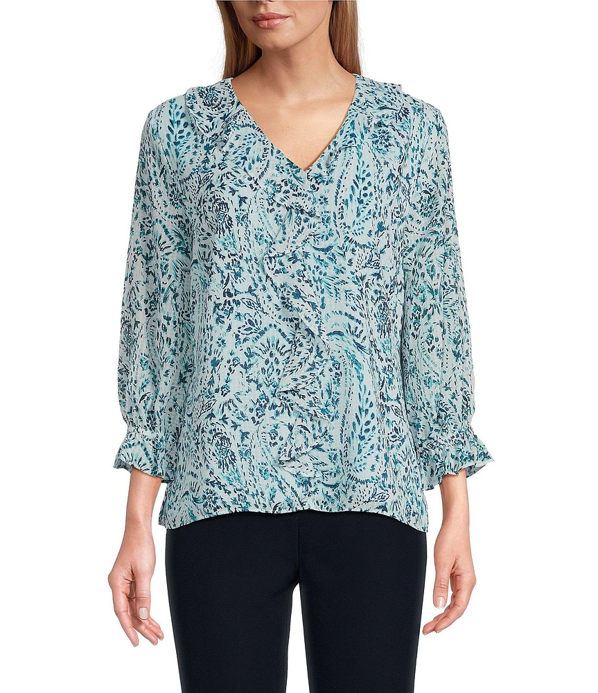 Investments Petite Size Riley Woven Soft Blue Paisley Cascading Ruffle V-Neck 3/4 Sleeve Top