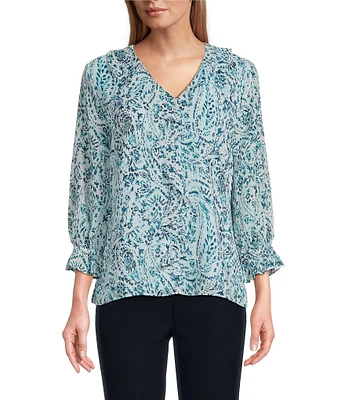Investments Petite Size Riley Woven Soft Blue Paisley Cascading Ruffle V-Neck 3/4 Sleeve Top