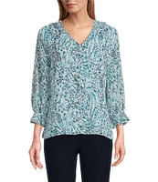 Investments Petite Size Riley Woven Soft Blue Paisley Cascading Ruffle V-Neck 3/4 Sleeve Top