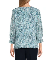 Investments Petite Size Riley Woven Soft Blue Paisley Cascading Ruffle V-Neck 3/4 Sleeve Top