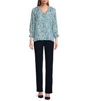Investments Petite Size Riley Woven Soft Blue Paisley Cascading Ruffle V-Neck 3/4 Sleeve Top