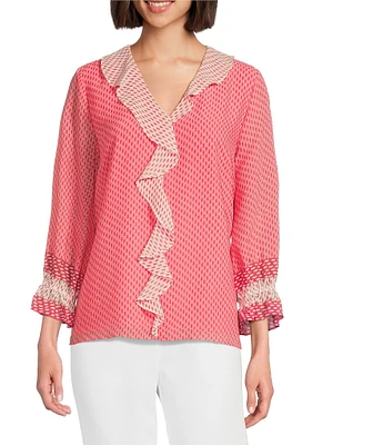 Investments Petite Size Riley Woven Strawberry Pink Dash Border Cascading Ruffle V-Neck 3/4 Sleeve Top