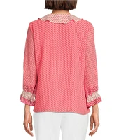 Investments Petite Size Riley Woven Strawberry Pink Dash Border Cascading Ruffle V-Neck 3/4 Sleeve Top