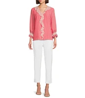 Investments Petite Size Riley Woven Strawberry Pink Dash Border Cascading Ruffle V-Neck 3/4 Sleeve Top