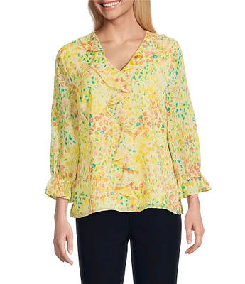 Investments Petite Size Riley Woven Sunshine Clustered Buds Cascading Ruffle V-Neck 3/4 Sleeve Top