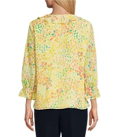 Investments Petite Size Riley Woven Sunshine Clustered Buds Cascading Ruffle V-Neck 3/4 Sleeve Top