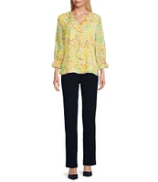 Investments Petite Size Riley Woven Sunshine Clustered Buds Cascading Ruffle V-Neck 3/4 Sleeve Top