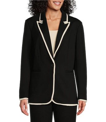 Investments Petite Size Signature Ponte Long Sleeve One Button Contrast Trim Blazer