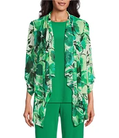 Investments Petite Size Soft Separates Abstract Floral Mesh Open Drape Front Long Roll-Tab Sleeve Coordinating Cardigan