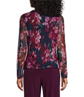 Investments Petite Size Soft Separates Floral Mesh Long Sleeve Crew Neck Top