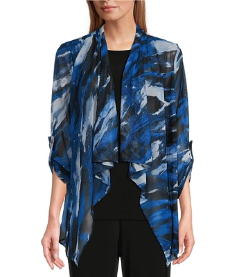 Investments Petite Size Soft Separates Mesh Open Drape Front Long Roll-Tab Sleeve Marbled Coordinating Cardigan