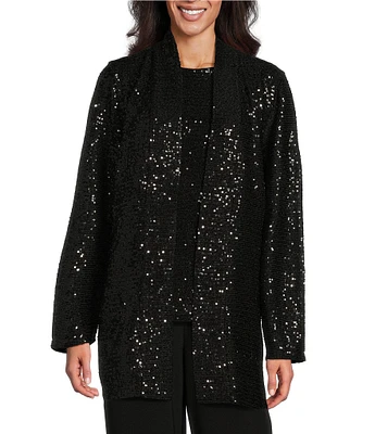 Investments Petite Size Soft Separates Sequin Long Sleeve Side Slit Open-Front Coordinating Cardigan