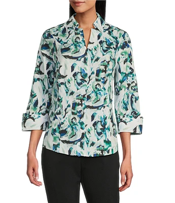 Investments Petite Size Taylor Gold Label Non-Iron Blue Green Blur 3/4 Sleeve Button Front Shirt
