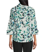 Investments Petite Size Taylor Gold Label Non-Iron Blue Green Blur 3/4 Sleeve Button Front Shirt