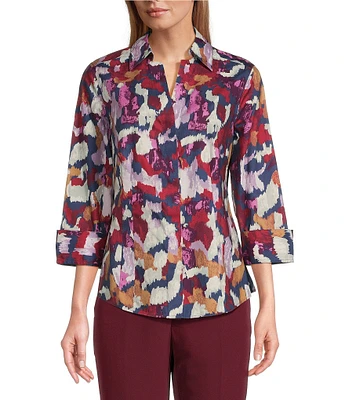 Investments Petite Size Taylor Gold Label Non-Iron Multi Blur 3/4 Sleeve Button Front Shirt