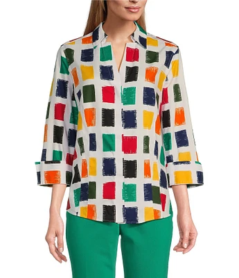 Investments Petite Size Taylor Gold Label Non-Iron Painterly 3/4 Sleeve Point Collar Y-Neck Button Front Shirt