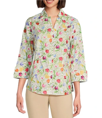 Investments Petite Size Taylor Gold Label Non-Iron Tulip Garden 3/4 Sleeve Button Front Shirt