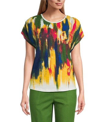 Investments Petite Size Watercolor Multi Short Sleeve Novelty Crew Neck Top