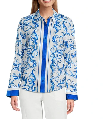 Investments Petite Size Woven Blue Lolite Status Border Long Sleeve Point Collar Button Front Top