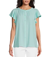 Investments Petite Size Woven Button Front Flutter Cap Sleeve Top