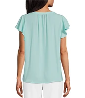 Investments Petite Size Woven Button Front Flutter Cap Sleeve Top