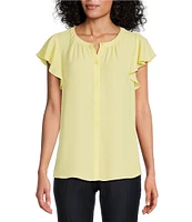 Investments Petite Size Woven Button Front Flutter Cap Sleeve Top