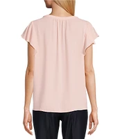 Investments Petite Size Woven Button Front Flutter Cap Sleeve Top