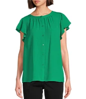 Investments Petite Size Woven Button Front Flutter Cap Sleeve Top