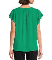 Investments Petite Size Woven Button Front Flutter Cap Sleeve Top