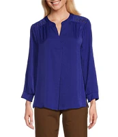 Investments Petite Size Woven Inverted Pleat V-Neck 3/4 Sleeve Embellished Top