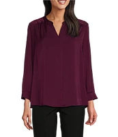 Investments Petite Size Woven Inverted Pleat V-Neck 3/4 Sleeve Embellished Top