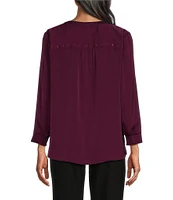 Investments Petite Size Woven Inverted Pleat V-Neck 3/4 Sleeve Embellished Top